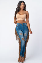 Load image into Gallery viewer, Destroyed Pants With Leather Taseel Medium Denim Jeans Medium Size.