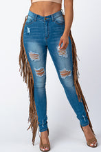 Load image into Gallery viewer, Destroyed Pants With Leather Taseel Medium Denim Jeans Large Size .