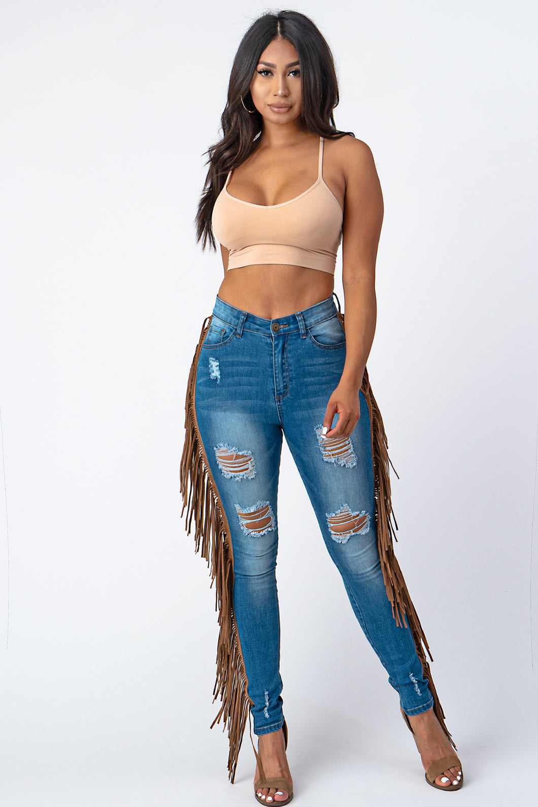 Destroyed Pants With Leather Taseel Medium Denim Jeans Medium Size.