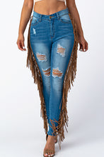 Load image into Gallery viewer, Destroyed Pants With Leather Taseel Medium Denim Jeans Medium Size.