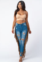 Load image into Gallery viewer, Destroyed Pants With Leather Taseel Medium Denim Jeans Medium Size.