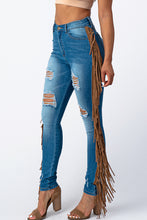 Load image into Gallery viewer, Destroyed Pants With Leather Taseel Medium Denim Jeans Large Size .