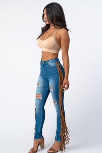 Destroyed Pants With Leather Taseel Medium Denim Jeans Large Size .