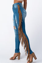 Load image into Gallery viewer, Destroyed Pants With Leather Taseel Medium Denim Jeans Medium Size.