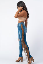 Load image into Gallery viewer, Destroyed Pants With Leather Tassel Medium Denim Jeans Small Size .