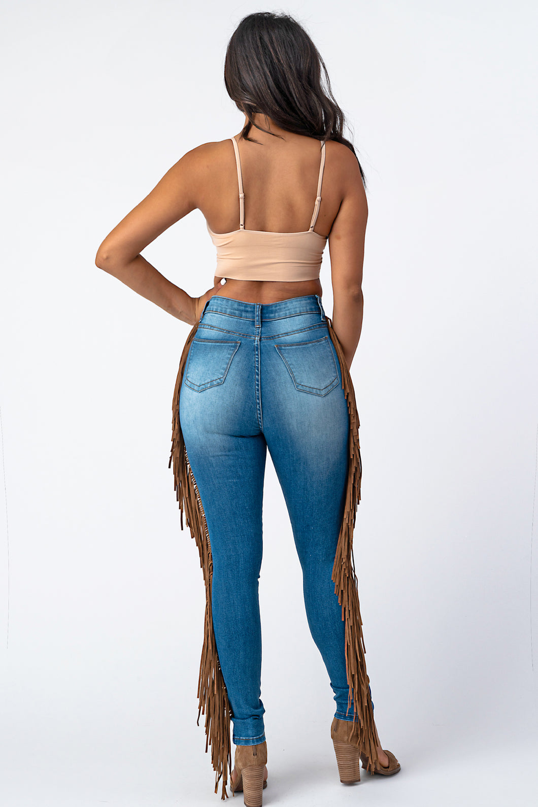 Destroyed Pants With Leather Taseel Medium Denim Jeans Large Size .