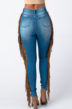 Load image into Gallery viewer, Destroyed Pants With Leather Taseel Medium Denim Jeans Medium Size.