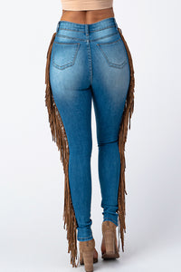 Destroyed Pants With Leather Taseel Medium Denim Jeans Large Size .