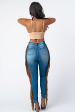 Load image into Gallery viewer, Destroyed Pants With Leather Tassel Medium Denim Jeans Small Size .