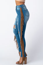 Load image into Gallery viewer, Destroyed Pants With Leather Tassel Medium Denim Jeans Small Size .