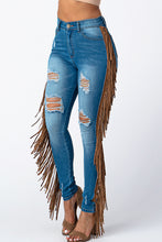 Load image into Gallery viewer, Destroyed Pants With Leather Taseel Medium Denim Jeans Large Size .