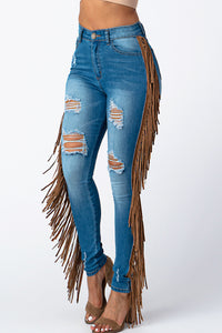 Destroyed Pants With Leather Taseel Medium Denim Jeans Large Size .