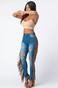 Destroyed Pants With Leather Taseel Medium Denim Jeans Large Size .