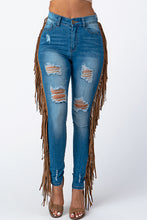 Load image into Gallery viewer, Destroyed Pants With Leather Taseel Medium Denim Jeans Large Size .