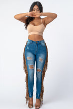 Load image into Gallery viewer, Destroyed Pants With Leather Tassel Medium Denim Jeans Small Size .