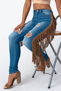 Destroyed Pants With Leather Taseel Medium Denim Jeans Large Size .
