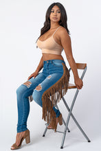 Load image into Gallery viewer, Destroyed Pants With Leather Tassel Medium Denim Jeans Small Size .