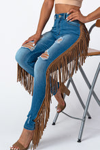 Load image into Gallery viewer, Destroyed Pants With Leather Taseel Medium Denim Jeans Medium Size.