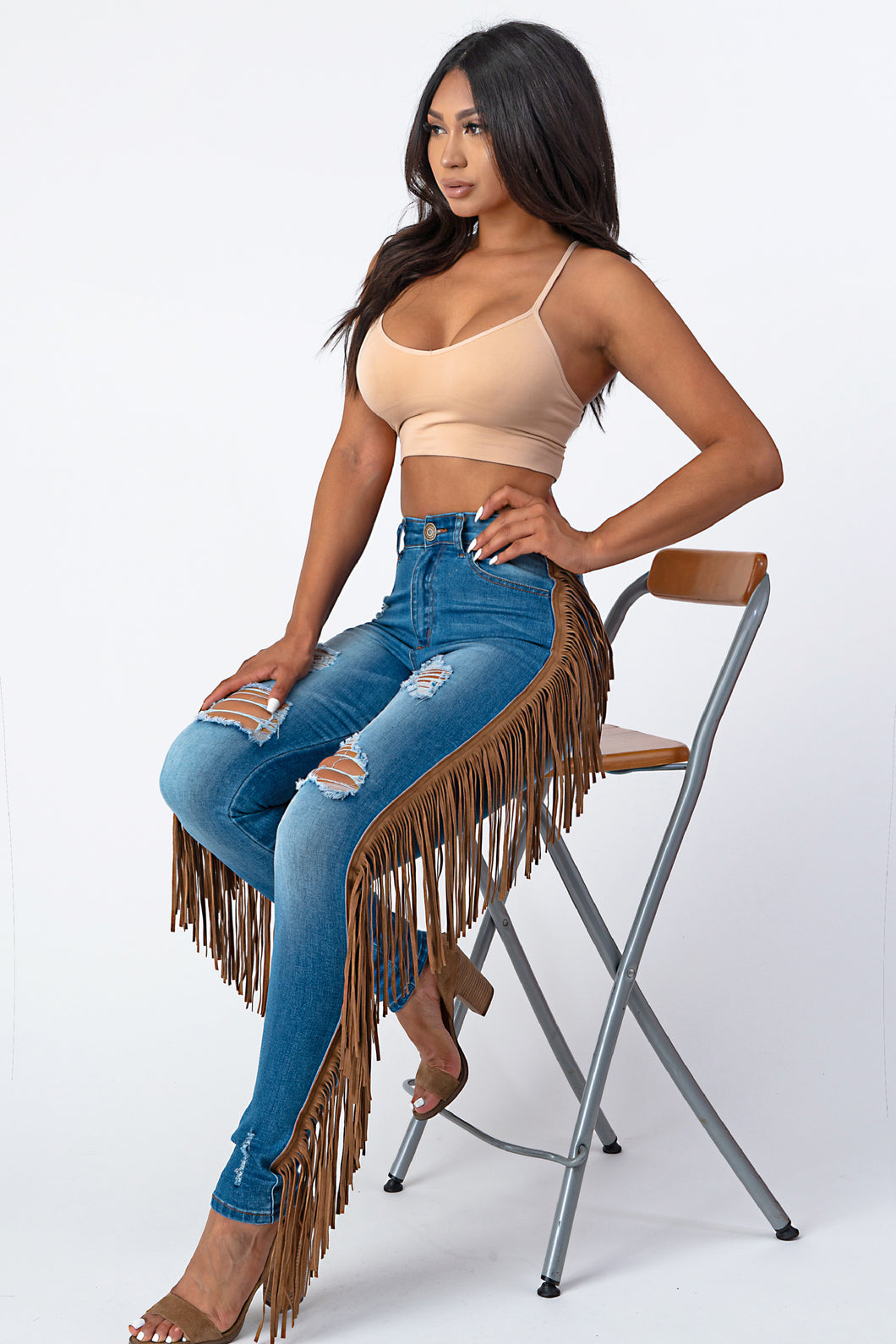 Destroyed Pants With Leather Taseel Medium Denim Jeans X- Large .