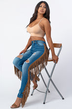 Load image into Gallery viewer, Destroyed Pants With Leather Tassel Medium Denim Jeans Small Size .