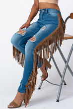 Load image into Gallery viewer, Destroyed Pants With Leather Tassel Medium Denim Jeans Small Size .