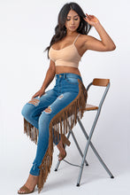 Load image into Gallery viewer, Destroyed Pants With Leather Tassel Medium Denim Jeans Small Size .
