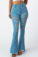 Load image into Gallery viewer, Destroyed Flare Pants Blue Jeans Large Size .