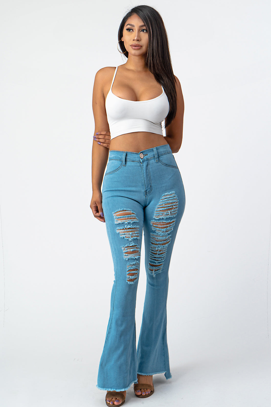 Destroyed Flare Pants Blue Jeans Small Size .