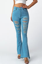 Load image into Gallery viewer, Destroyed Flare Pants Blue Jeans Large Size .