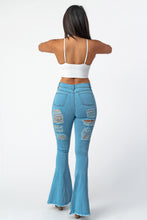 Load image into Gallery viewer, Destroyed Flare Pants Blue Jeans Large Size .