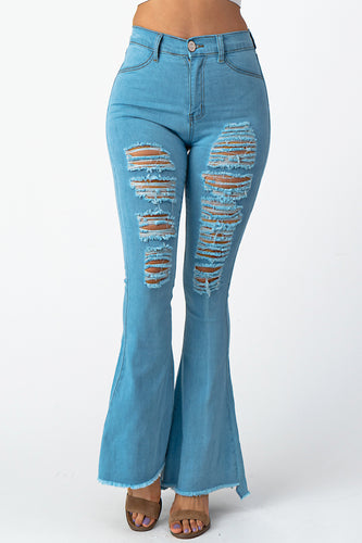 Destroyed Flare Pants Blue Jeans Medium Size .
