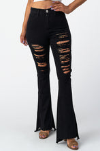 Load image into Gallery viewer, Destroyed Flare Pants Black Denim Jeans Small Size .