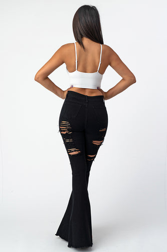 Destroyed Flare Pants Black Denim Jeans Large Size .