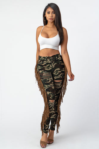 Camouflage Pants With Leather Tassel Jeans Medium Size
