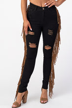 Load image into Gallery viewer, Destroyed Pants With Leather Tassel Black Denim Jeans Large