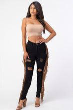 Load image into Gallery viewer, Destroyed Pants With Leather Tassel Black Denim Jeans Small