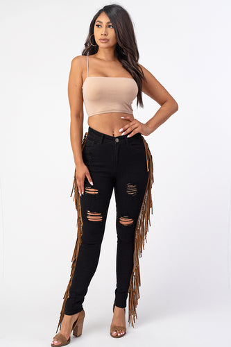 Destroyed Pants With Leather Tassel Black Denim Jeans X- Large