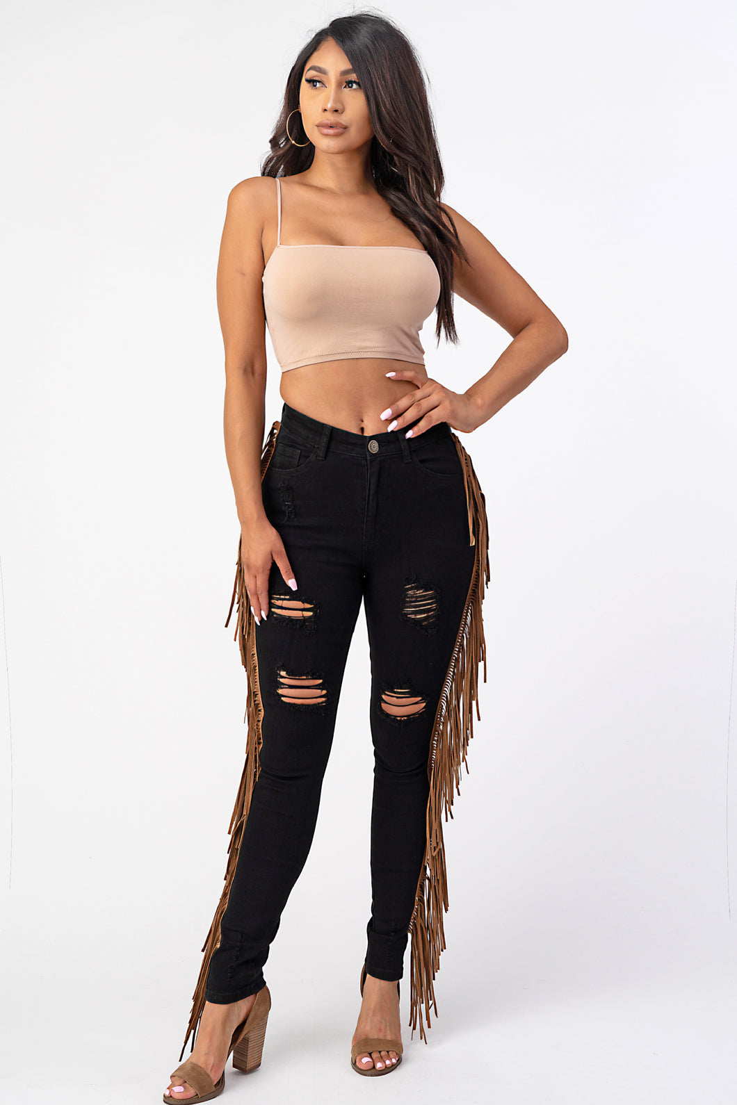Destroyed Pants With Leather Tassel Black Denim Jeans X- Large