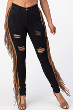 Load image into Gallery viewer, Destroyed Pants With Leather Tassel Black Denim Jeans Small