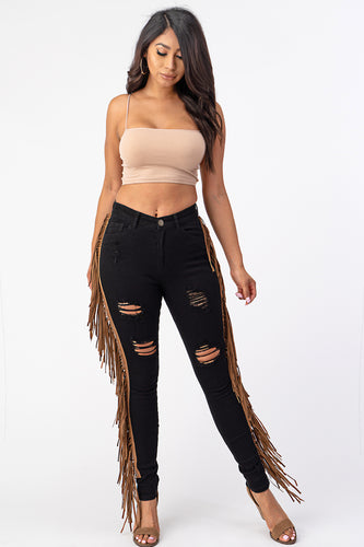 Destroyed Pants With Leather Tassel Black Denim Jeans Large