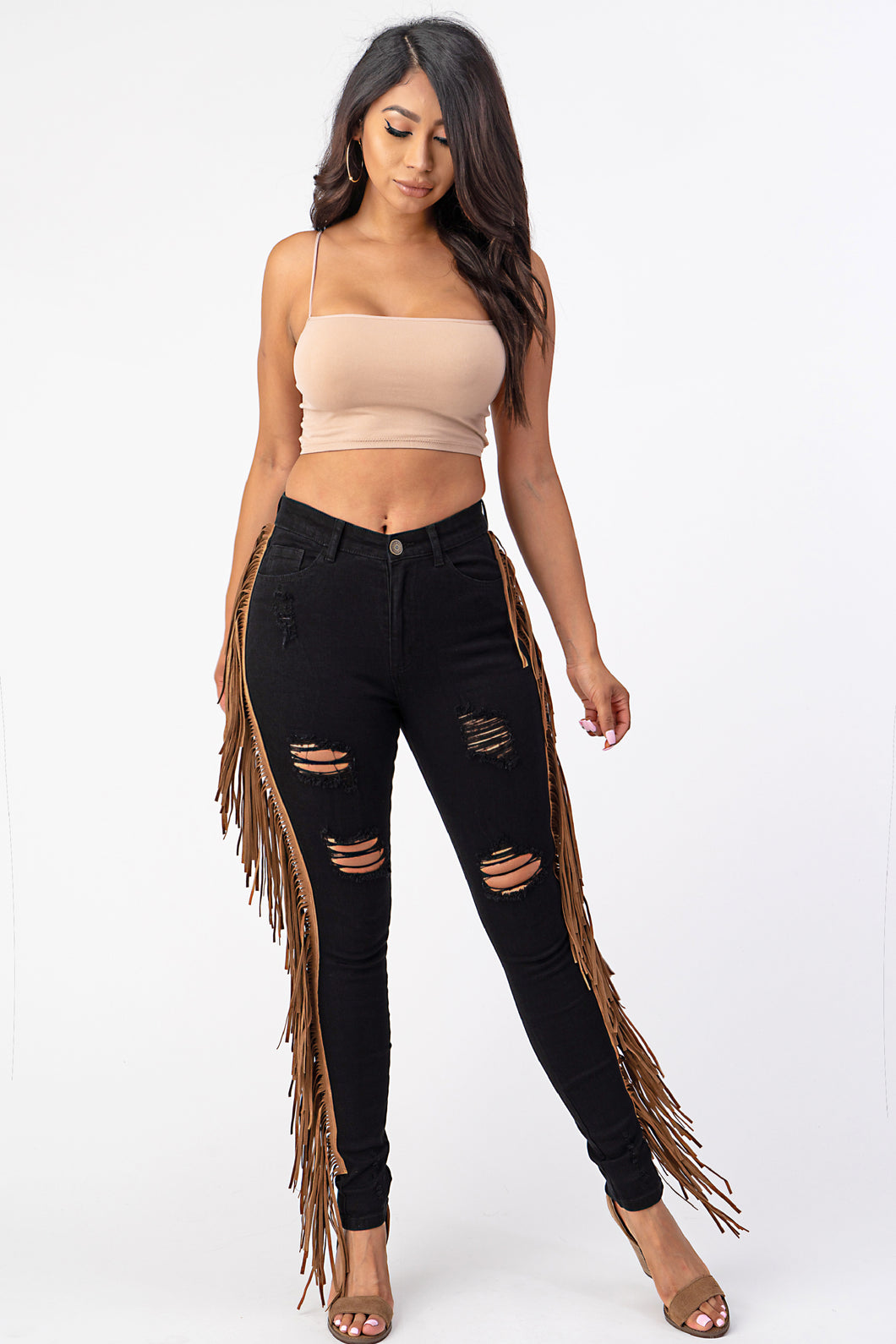 Destroyed Pants With Leather Tassel Black Denim Jeans Large