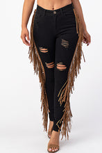 Load image into Gallery viewer, Destroyed Pants With Leather Tassel Black Denim Jeans Medium .