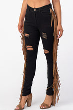 Load image into Gallery viewer, Destroyed Pants With Leather Tassel Black Denim Jeans Small