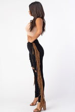 Load image into Gallery viewer, Destroyed Pants With Leather Tassel Black Denim Jeans Large