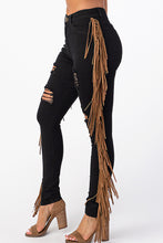 Load image into Gallery viewer, Destroyed Pants With Leather Tassel Black Denim Jeans Large