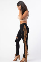 Load image into Gallery viewer, Destroyed Pants With Leather Tassel Black Denim Jeans Medium .