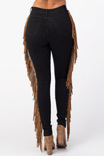 Load image into Gallery viewer, Destroyed Pants With Leather Tassel Black Denim Jeans Large