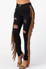Load image into Gallery viewer, Destroyed Pants With Leather Tassel Black Denim Jeans Large