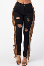 Load image into Gallery viewer, Destroyed Pants With Leather Tassel Black Denim Jeans Medium .