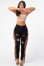 Load image into Gallery viewer, Destroyed Pants With Leather Tassel Black Denim Jeans Small